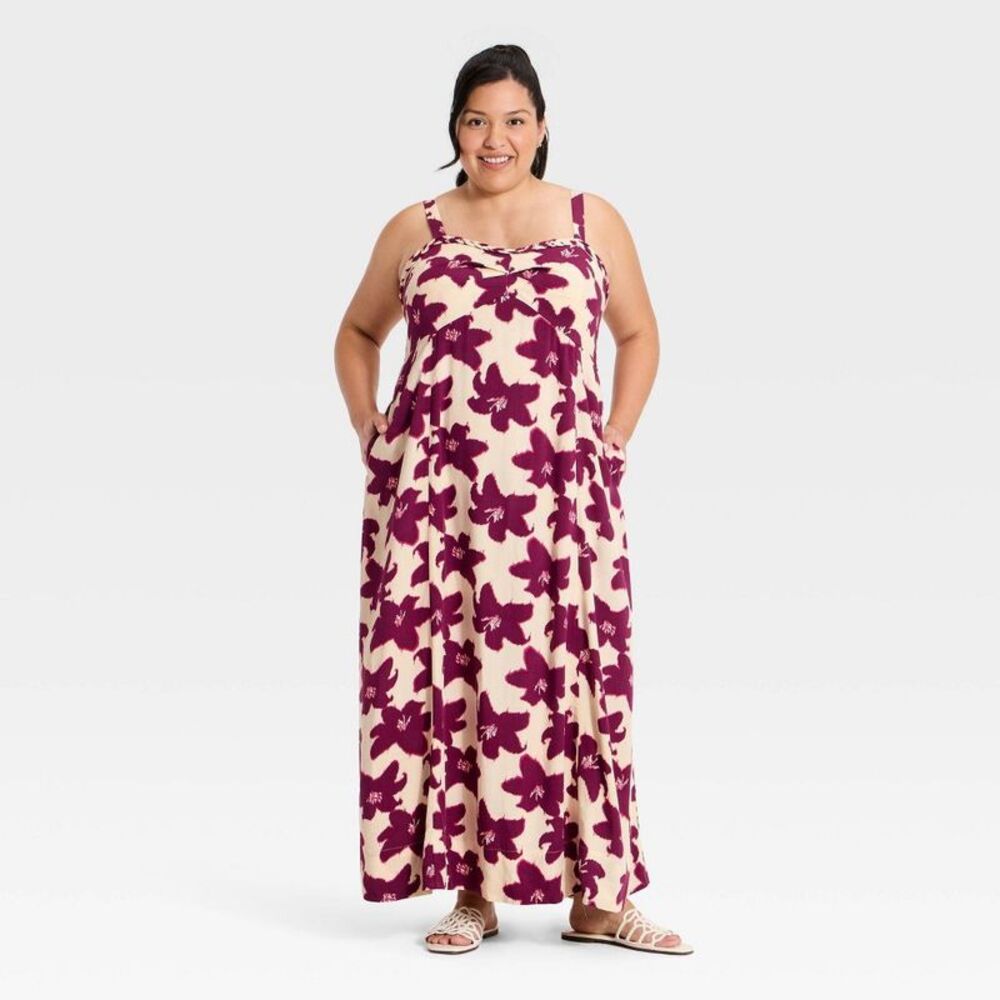 Women's Plus Braid Trim Maxi Summer Dress - Ava & Viv Purple Floral XXL